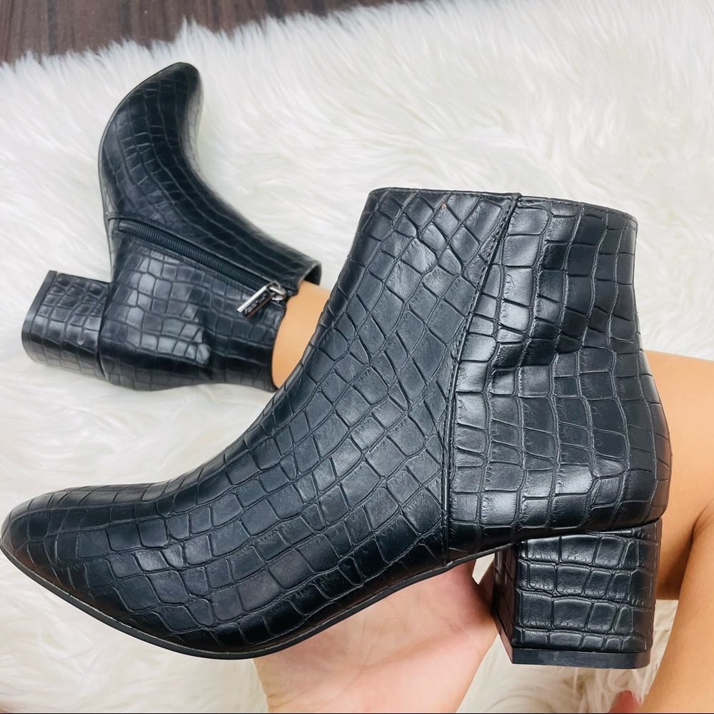 Black croco ankle bootie